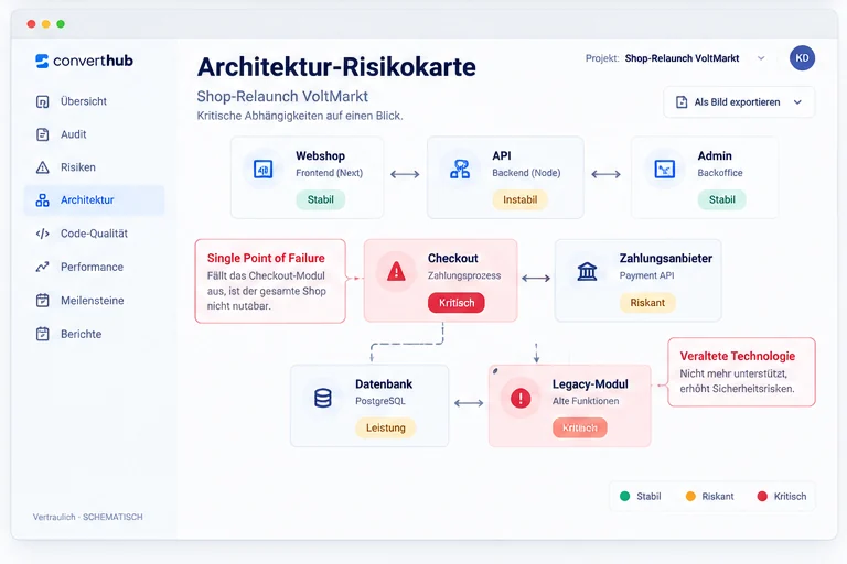 Architektur-Risikokarte mit zwei kritischen Hotspots: Checkout und Legacy-Modul